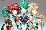  3girls armor blonde_hair breasts cleavage cleavage_cutout closed_mouth earrings elbow_gloves eyebrows_visible_through_hair fingerless_gloves gem gloves glowing green_eyes green_hair hair_ornament headpiece hikari_(xenoblade_2) homura_(xenoblade_2) icesticker jewelry long_hair multiple_girls nintendo open_mouth pneuma_(xenoblade_2) ponytail red_eyes red_hair short_hair smile spoilers teeth tiara very_long_hair xenoblade xenoblade_(series) xenoblade_2 yellow_eyes 
