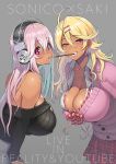  2girls amaryllis blonde_hair blush breasts cleavage collarbone earrings fang food grin gyaru hair_ornament hairclip headphones highres jewelry kogal large_breasts long_hair looking_at_viewer mouth_hold multiple_girls nitroplus off-shoulder_sweater off_shoulder open_mouth ouga_saki pink_eyes pink_hair pocky pocky_kiss red_eyes ribbed_sweater shared_food smile star star_earrings super_sonico sweater tan teeth tsuji_santa virtual_youtuber 