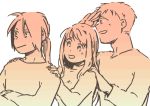  1girl 2boys :d alphonse_elric close-up crossed_arms edward_elric fingernails food fruit fullmetal_alchemist gradient hand_to_forehead hands_on_another&#039;s_shoulders happy head_tilt height_difference igi_(tarqu0ise) long_sleeves looking_away monochrome multiple_boys open_mouth orange pink profile simple_background smile standing upper_body white_background winry_rockbell 