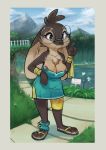  2019 4_fingers 4_toes anthro big_ears black_nose blue_sky border breasts brown_fur chest_tuft cleavage clothed clothing cloud day detailed_background digital_media_(artwork) english_text eyewear female footwear fully_clothed fur glasses grass grey_border grey_eyes hi_res kazie lagomorph long_ears mammal mountain pond rabbit reign-2004 sandals sign sky solo text toes tuft 