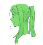  1girl =3 bangs close-up earrings face frown fullmetal_alchemist green happy igi_(tarqu0ise) jewelry long_hair looking_away monochrome ponytail profile simple_background smile solo upper_body white_background winry_rockbell 