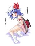  bat_wings blue_hair blush bow cum flat_chest hat inasaki_shirau looking_back nipples no_panties open_mouth pussy pussy_juice red_eyes remilia_scarlet ribbon short_hair socks solo topless touhou translated uncensored wings 
