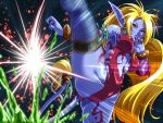  1girl animal_ears blonde_hair breasts breath_of_fire breath_of_fire_ii commentary_request erect_nipples long_hair no_panties no_pants pointy_ears rinpoo_chuan solo tail ten&#039;aki_risu 