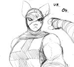  anthro big_breasts black_and_white breasts cat_knight clothed clothing dialogue donk_sis english_text felid feline female hladilnik mammal mask monochrome terror text wrestling wrestling_match 