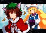  2girls animal_ear_fluff animal_ears bare_tree black_tail blonde_hair blue_background blue_tabard blush_stickers brown_hair capelet cat_ears cat_tail chen dress earrings eighth_note eyebrows_visible_through_hair fang fox_ears fur-trimmed_capelet fur_trim green_headwear hands_in_opposite_sleeves hat head_tilt jewelry mob_cap multiple_girls multiple_tails musical_note ofuda ofuda_on_clothes outdoors pillow_hat qqqrinkappp red_capelet red_dress short_hair single_earring skin_fang snow tabard tail touhou traditional_media tree two_tails upper_body white_dress winter_clothes yakumo_ran yellow_eyes 