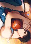  1boy ball basketball basketball_jersey basketball_uniform black_hair black_legwear blue_eyes commentary_request flower groo29 jersey kasamatsu_yukio kuroko_no_basuke looking_at_viewer lying male_focus parted_lips short_hair shorts solo sportswear sunlight 