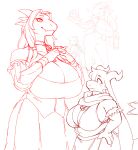  2021 anthro beer_mug big_breasts biped bottle breasts cleavage clothed clothing collar digital_media_(artwork) duo female hair horn huge_breasts iriedono kobold pupils reptile scalie scarf simple_background slit_pupils smile white_background 