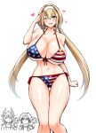  1girl american_flag american_flag_bikini bikini blonde_hair breasts caruleum_vaull edge_sainklaus flag_print green_eyes highres huge_breasts kanno_takanori long_hair low_twintails mitsuba_greyvalley print_bikini simple_background super_robot_wars super_robot_wars_30 swimsuit tied_hair twintails very_long_hair white_background 