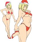  1girl ashiomi_masato blonde_hair blue_eyes breasts christmas cleavage guilty_gear guilty_gear_xrd hat high_heels looking_at_viewer medium_hair millia_rage navel simple_background solo swimsuit white_background 