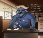 anthro bovid bovine cape_buffalo chief_bogo clothing dialogue disney duo female furniture hi_res judy_hopps lagomorph leporid lettuceoncat male male/female mammal on_table police police_uniform questionable_consent rabbit size_difference table uniform zootopia 