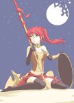  1girl absurdres armor bracer breastplate breasts cleavage elbow_gloves gloves green_eyes groin highres jewelry looking_to_the_side medium_breasts midriff moon neck_ring polearm ponytail pyrrha_nikos red_hair ribbon rwby shield sitting solo spear star_(sky) thighhighs tsukimizake weapon yokozuwari 
