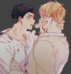  2boys black_hair bleeding blonde_hair blood blue_eyes blush commentary_request covering_mouth ear_piercing groo29 hand_on_own_face heavy_breathing kasamatsu_yukio kise_ryouta kuroko_no_basuke male_focus multiple_boys pervert piercing shirt short_hair white_shirt yaoi 