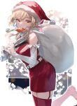  1girl bag belt blonde_hair boots chicken_(food) commentary_request dress eyebrows_visible_through_hair food genshin_impact gloves hair_between_eyes hat highres looking_at_viewer lumine_(genshin_impact) red_dress santa_costume santa_gloves santa_hat solo thighhighs umemegn white_background yellow_eyes 