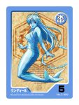  1990s_(style) 1girl :d bangs bare_arms bare_shoulders blue_eyes blue_hair blue_skin breasts character_name colored_skin ears_visible_through_hair elemental_(creature) eyebrows_visible_through_hair full_body hair_between_eyes highres long_hair looking_at_viewer medium_breasts mermaid monster_farm monster_girl open_mouth pipoo retro_artstyle see-through smile solo undine_(monster_farm) very_long_hair 