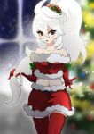  1girl bare_shoulders breasts christmas christmas_tree emperors_saga gloves hair_ornament highres holding long_hair looking_at_viewer maka_(saga) makasama_fc navel open_mouth red_eyes red_gloves skirt solo thighhighs white_hair 