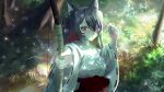  animal_ear_fluff animal_ears archery black_hair black_ribbon cat_ears colored_inner_hair dappled_sunlight demoniousxd fireflies hair_ribbon hakama hakama_skirt hand_up highres japanese_clothes jungle kyuudou long_hair looking_at_viewer mitsurugi_lia multicolored_hair nature red_hair ribbon skirt sunlight tree twintails upper_body virtual_youtuber wactor_production wide_sleeves 