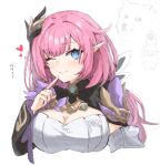  1girl aiming_at_viewer bangs blue_eyes breasts cleavage closed_mouth doge elysia_(honkai_impact) gun hair_ornament heart highres holding holding_gun holding_weapon honkai_(series) honkai_impact_3rd index_finger_raised large_breasts long_hair long_sleeves looking_at_viewer one_eye_closed pink_hair pointy_ears ponytail raw_egg_lent simple_background sketch smile solo weapon white_background 