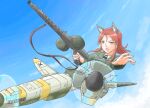  1girl absurdres animal_ears ass_visible_through_thighs blue_sky brown_eyes brown_hair cloud dog_ears double_brid dutch_angle gun highres machine_gun mg34 military military_uniform minna-dietlinde_wilcke open_mouth outstretched_arm sky sling solo strike_witches striker_unit tsukimizake uniform weapon world_witches_series 