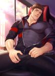  1boy absurdres arkapami bara black_jacket black_pants black_shirt brown_eyes brown_hair chair han_wenqing highres indoors jacket large_pectorals looking_at_viewer male_focus muscular muscular_male on_chair pants partially_unzipped pectorals quan_zhi_gao_shou shirt short_hair sideburns sitting smile solo sunset window 