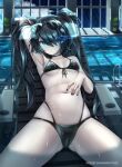  1girl absurdres arm_up armpits ass_visible_through_thighs bikini black_hair black_rock_shooter black_rock_shooter_(character) blue_eyes breasts eyewear_on_head glowing glowing_eye highres indoors long_hair looking_at_viewer midriff navel pale_skin pool scar shiny shiny_hair shiny_skin skindentation small_breasts solo spread_legs sunglasses swimsuit tokyo_(1421) twintails uneven_twintails wet 
