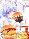  1girl absurdres animal_ear_fluff animal_ears bangs black_gloves blue_hair blush burger commentary_request cup disposable_cup don-chan_(usada_pekora) drinking_straw eating eyebrows_visible_through_hair food french_fries gloves highres holding holding_food hololive indoors long_hair looking_at_viewer one_eye_closed ooranokohaku pink_eyes rabbit_ears sandwich short_eyebrows sideways_glance solo thick_eyebrows upper_body usada_pekora virtual_youtuber 