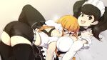  2girls :d absurdres black_eyes black_hair black_legwear breasts character_request commentary english_commentary eyebrows_visible_through_hair highres large_breasts long_hair looking_at_viewer maid maid_headdress multiple_girls orange_hair persona persona_5 sakura_futaba short_hair slugbox smile thighhighs 