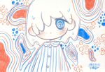  1girl @_@ abstract_background blue_eyes collared_shirt dated hair_over_one_eye highres limited_palette medium_hair original shirt signature solo striped striped_shirt white_hair zukky000 