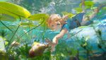  1boy air_bubble bangs belt blonde_hair blue_eyes blue_tunic blurry boots brown_footwear bubble day depth_of_field fishing freediving from_side highres holding holding_polearm holding_weapon lily_pad link looking_at_another looking_to_the_side male_focus minty0 nature ocean_bottom outstretched_arms pants parted_lips plant pointy_ears polearm ponytail reaching short_sleeves silhouette solo spear submerged swimming the_legend_of_zelda the_legend_of_zelda:_breath_of_the_wild underwater weapon white_pants 