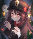  1girl :d =_= bangs black_headwear black_nails breasts brown_hair brown_jacket closed_eyes commentary_request eyebrows_visible_through_hair fang flower flower-shaped_pupils genshin_impact ghost grin hair_between_eyes hands_up hat hat_flower highres hu_tao_(genshin_impact) jacket jewelry long_hair long_sleeves looking_at_viewer nagare_yoshimi nail_polish red_eyes red_flower red_shirt ring shirt small_breasts smile solo symbol-shaped_pupils tree twintails upper_body very_long_hair 