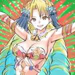  1girl armpits arms_up blonde_hair breasts character_request christmas cleavage long_hair looking_at_viewer multicolored_hair nyantiu open_mouth smile solo star_(symbol) yellow_eyes 