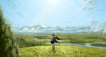  1girl absurdres belt black_belt black_legwear black_skirt black_wings blue_sky blurry blurry_foreground collared_shirt fasnakegod feathered_wings field flower forest frilled_skirt frills from_behind grass hat hauchiwa highres kneehighs looking_at_viewer looking_back mountainous_horizon nature pom_pom_(clothes) puffy_short_sleeves puffy_sleeves red_flower red_footwear red_headwear revision ribbon-trimmed_skirt ribbon_trim river scenery shameimaru_aya shirt shoes short_sleeves skirt sky solo tokin_hat touhou tree white_flower white_shirt wings yellow_flower 