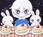  +_+ 1girl blue_dress blue_eyes bright_pupils bunny cake dated dress expressionless food fork fruit highres looking_at_viewer original plate short_sleeves signature sparkle strawberry strawberry_shortcake white_pupils zukky000 