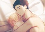  2boys bed black_hair blonde_hair closed_eyes commentary_request couple groo29 hug kasamatsu_yukio kise_ryouta kuroko_no_basuke lying multiple_boys parted_lips pillow short_hair sleeping topless_male upper_body yaoi 