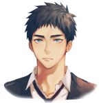  1boy black_hair black_necktie black_sweater blue_eyes closed_mouth collared_shirt commentary_request eyebrows frown groo29 kasamatsu_yukio kuroko_no_basuke looking_at_viewer lowres male_focus necktie portrait shirt short_hair solo sweater white_shirt 