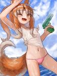  1girl :3 animal_ear_fluff animal_ears arm_up bangs bikini bikini_bottom clothes_lift cowboy_shot crop_top eyebrows_visible_through_hair flat_chest grey_hair hand_up highres holding holding_water_gun long_hair multicolored_hair navel ocean one_eye_closed open_mouth orange_eyes orange_hair original outdoors pink_bikini shimogami_ataru shirt shirt_lift sky slit_pupils solo string_bikini swimsuit tail two_side_up water_gun wet wet_clothes wet_shirt white_shirt 