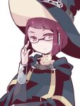  1girl bangs bridal_gauntlets closed_mouth fire_emblem fire_emblem_awakening glasses hat leather looking_at_viewer medium_hair miriel_(fire_emblem) nozomu_o red_eyes red_hair solo turtleneck upper_body witch_hat 