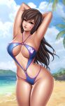  1girl armpits arms_behind_head bangs beach blue_sky blue_swimsuit breasts brown_eyes brown_hair cleavage cloud collarbone contrapposto cowboy_shot d.va_(overwatch) day english_commentary facepaint facial_mark flowerxl light_smile long_hair looking_at_viewer medium_breasts navel o-ring o-ring_swimsuit outdoors overwatch palm_tree parted_lips pink_lips sand shore sky slingshot_swimsuit solo swept_bangs swimsuit thigh_gap tree water whisker_markings 