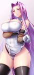  1girl arm_under_breasts black_legwear breast_hold breasts cosplay covered_navel covered_nipples fate/stay_night fate_(series) fishnets highres large_breasts long_hair medusa_(fate) medusa_(rider)_(fate) pelvic_curtain purple_eyes purple_hair shiny shiny_hair shiny_skin smile solo standing taimanin_(series) taimanin_murasaki taimanin_suit thighhighs very_long_hair yatsu_murasaki yatsu_murasaki_(cosplay) yuki_mizore 