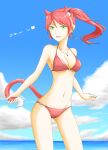  1girl absurdres animal_ears blue_sky breasts cat_ears cat_tail cleavage cloud green_eyes groin halter_top halterneck highres horizon jewelry long_hair looking_at_viewer medium_breasts navel necklace o-ring o-ring_bikini ocean pink_tail ponytail pyrrha_nikos red_hair rwby sky smile solo tail tail_grab thighs tsukimizake water 