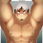  1boy akiha_gongen_(housamo) armpit_hair armpits arms_up bandaid bandaid_on_nose bara cross_scar dark-skinned_male dark_skin facial_hair frown goatee highres horns large_pectorals long_sideburns looking_at_viewer male_focus mature_male multicolored_hair muscular muscular_male nipples pectorals scar scar_across_eye scar_on_chest short_hair shu_(homohomofever3) sideburns single_horn solo thick_eyebrows tokyo_afterschool_summoners two-tone_hair upper_body white_hair 