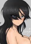  1girl artist_name bangs black_eyes black_hair breasts bukkuri closed_mouth dark-skinned_female dark_skin dated eyebrows_visible_through_hair eyes_visible_through_hair from_side girls_und_panzer grey_background hair_over_one_eye highres light_frown long_hair looking_at_viewer medium_breasts nude ogin_(girls_und_panzer) ponytail portrait signature simple_background solo 