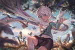  1boy absurdres bird blue_eyes branch cloud cloudy_sky commentary_request highres in_tree male_focus midriff midriff_peek morning original outdoors scenery short_hair shorts sitting sitting_in_tree sky slash solo_focus tree whinghope white_hair white_legwear 