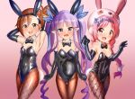  3girls animal_ears animal_hood black_bow black_bowtie black_gloves black_leotard blue_eyes bow bowtie braid breasts brown_eyes brown_hair brown_legwear bunny_hood commentary_request cowboy_shot detached_collar elbow_gloves fishnet_legwear fishnets gloves gradient gradient_background highres holding_hands hood kyouka_(princess_connect!) leotard long_hair looking_at_viewer mimi_(princess_connect!) misogi_(princess_connect!) multiple_girls pantyhose pink_hair playboy_bunny pointy_ears ponytail princess_connect! purple_hair rabbit_ears rabbit_tail red_eyes small_breasts tail tatsuo_(quantum_oyster) twin_braids twintails 