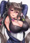  1girl :d absurdres armpits arms_behind_head arms_up azur_lane badge bangs bare_shoulders black_ribbon blue_jacket breasts button_badge cleavage commentary covered_navel crossed_bangs dress eyebrows_visible_through_hair fang grey_hair hair_between_eyes hair_horns hair_ribbon highres jacket large_breasts long_hair looking_at_viewer multicolored_hair open_mouth partially_unzipped purple_eyes purple_hair ribbon ryara san_francisco_(azur_lane) sidelocks simple_background sleeveless sleeveless_dress smile solo standing streaked_hair teeth twintails upper_body upper_teeth very_long_hair white_background white_dress 