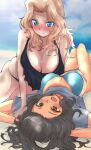  2girls arm_support arms_behind_head beach bikini black_bikini black_hair blonde_hair blue_bikini blue_eyes blue_sky blurry blurry_background blush breasts brown_eyes cleavage closed_mouth commentary day depth_of_field el_(girls_und_panzer) english_commentary frown girls_und_panzer hair_intakes kay_(girls_und_panzer) kneeling kyougi_sharyou large_breasts leaning_forward long_hair looking_at_another lying multiple_girls on_back open_mouth outdoors sky smile swimsuit 