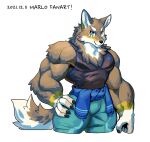  2021 anthro biceps blue_eyes bottomwear brown_body brown_fur canid canine canis clothing fur hi_res male mammal muscular muscular_anthro muscular_male ogami_aratsuka simple_background solo topwear virtual_youtuber white_background wolf wolfmalro 