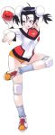  1girl absurdres ahoge ball black_eyes black_hair blush bun_cover buruma double_bun flexible full_body highres holding holding_ball knee_pads long_sleeves numbered open_mouth orange_buruma original scan shoes simple_background sneakers solo standing standing_on_one_leg twintails volleyball white_background yoshizaki_mine 