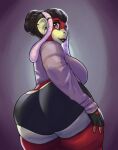  anthro big_butt big_ears bottomwear braided_hair breasts butt cellulite clothing conditional_dnp curvy_figure female fingerless_gloves gloves hair hand_on_leg hand_on_thigh handwear haplorhine hoodie hotpants huge_butt mammal monkey primate purple_eyes red_body shorts side_boob slightly_chubby smile solo standing thick_thighs tight_clothing topwear underwear voluptuous wide_hips xopachi 