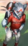  absurd_res anthro baseball_bat baseball_cap baseball_field bat_(object) belt blue_eyes canid canine canis clothed clothing english_text fingerless_gloves foreskin fur genitals gloves grey_body grey_fur handwear hat headgear headwear hi_res humanoid_genitalia humanoid_penis looking_down looking_down_at_self male mammal peeing penis slacks solo sports_uniform t.y.stars text whistling wolf 