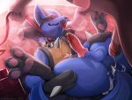  anthro balls blue_body blue_fur blush bodily_fluids canid canine chromamancer claws duo erection fur genital_fluids genitals hi_res human interspecies lucario male male/male mammal nintendo penis pok&eacute;mon pok&eacute;mon_(species) pok&eacute;philia red_eyes sex smile video_games 